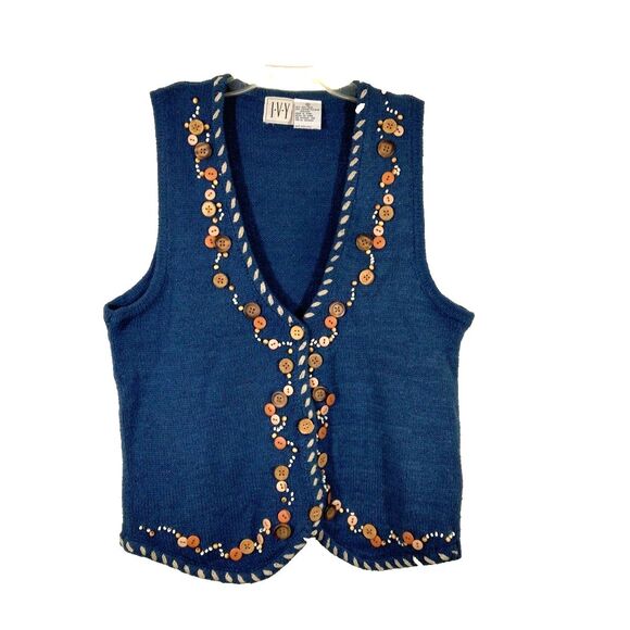 Ivy Womens Silk Blend Beaded Knit Vest Size Small Blue Southwest Button-up VTG - Picture 1 of 6